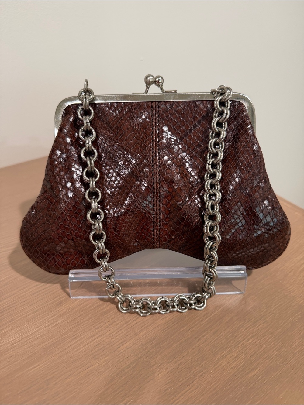 Adrienne Vittadini Dark Brown Snake-Embossed Link Chain Handle Bag With Kisslock